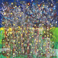 Polansky Art - Acrylic Painting
 #143, How trees turned into block of flats (Ako sa stromy zmenili na paneláky), 2019, acrylic on canvas, 90 x 90 cm. (Private collection) 